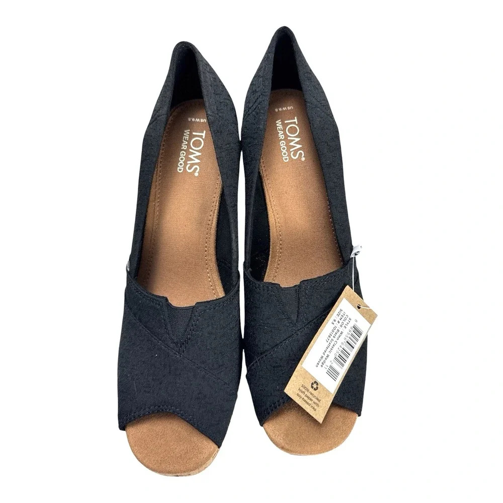 TOMS Black Cork Wedge Sandals Peep Toe Platform Slip On Heels Size 9.5M